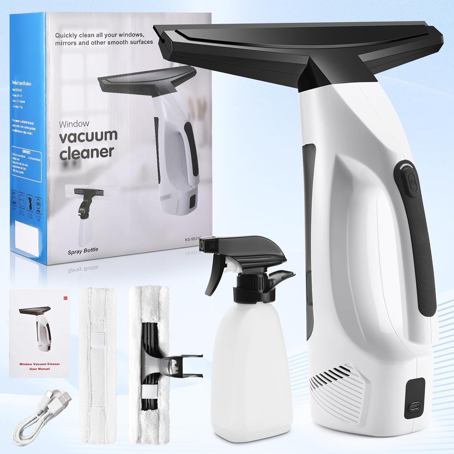Cordless Window Vacuum Cleaner 💨 | Electric Squeegee with Spray Bottle & Microfiber Cloth | For Windows, Mirrors, Tiles & Car Windshields